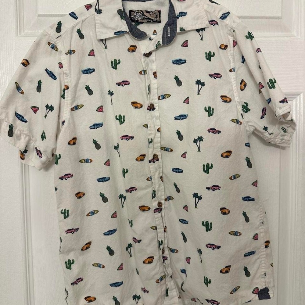 First Wave Boys White Cotton Cactus Palm Tree Car Print Short Sleeve Button Up